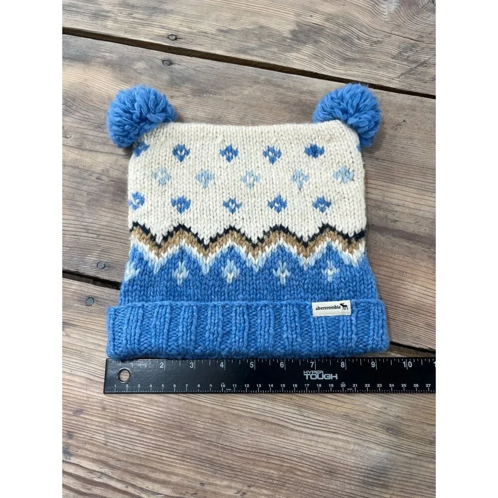 Abercrombie & Fitch Lambswool Fair Isle Pom Pom Children Beanie Hat Blue